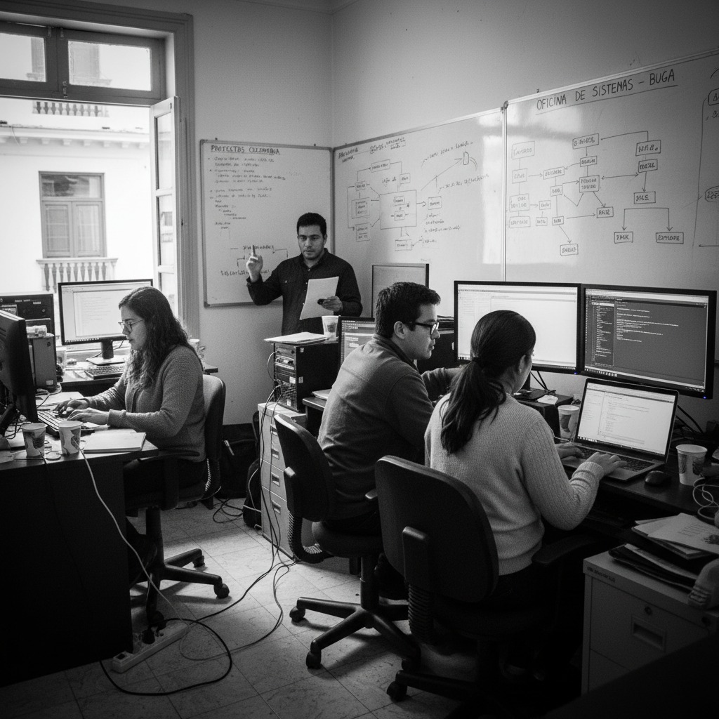 Profesionales de TI colaborando en sus escritorios en una oficina moderna.